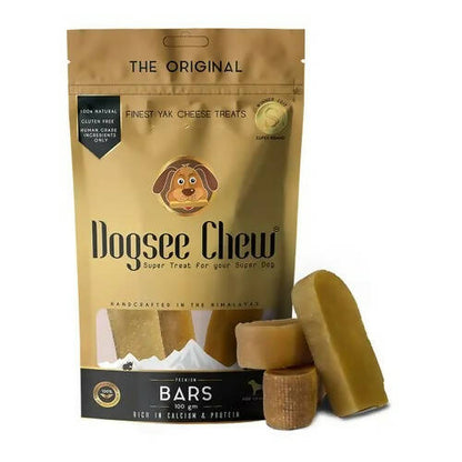 Dogsee Chew packaging with two treats on a white background