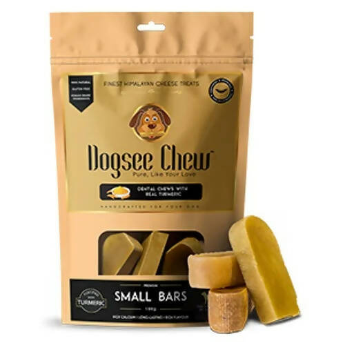 Dogsee Chew packaging with two small chew bars on a white background
