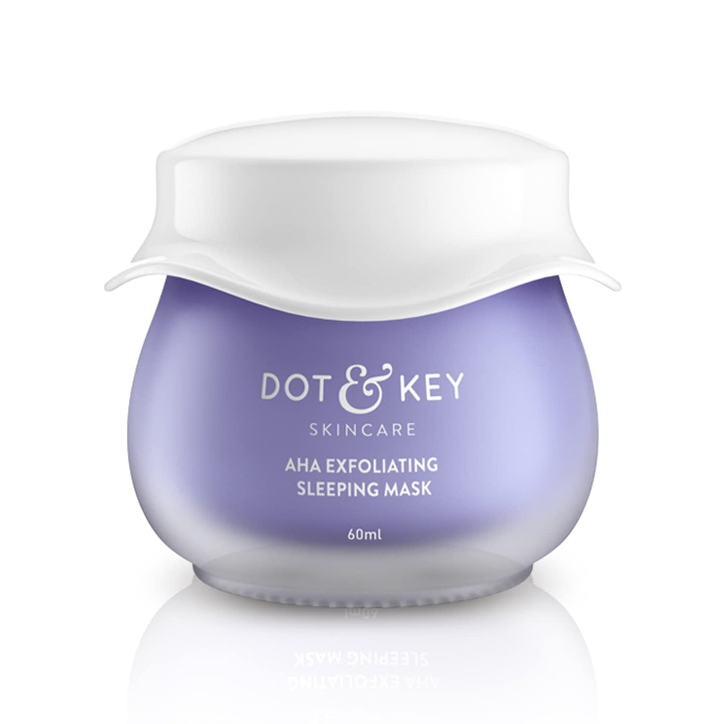 A jar of Dot & Key AHA Exfoliating Sleeping Face Mask with lactic and hyaluronic acid, designed for skin care.