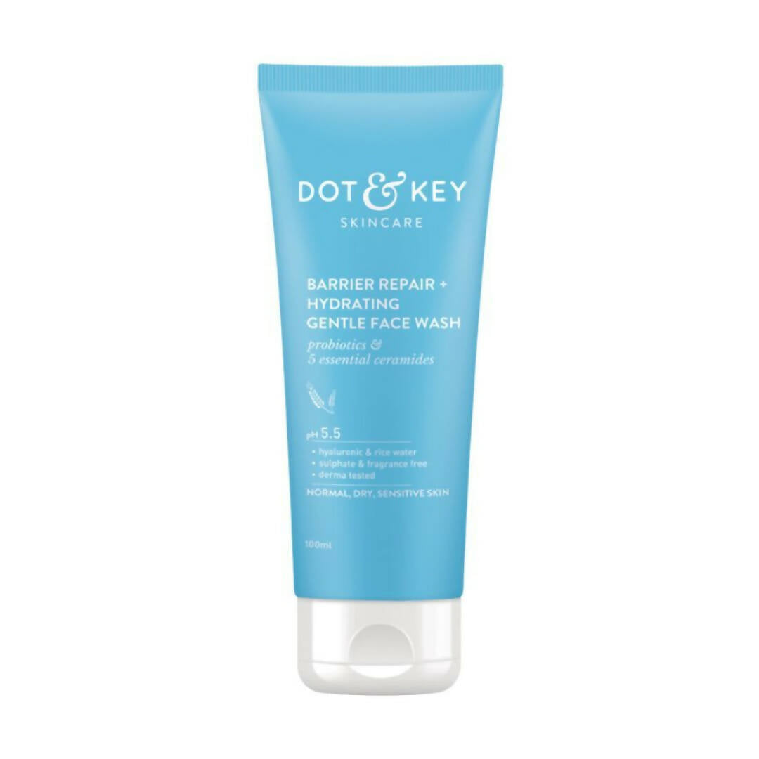 Blue tube of Dot & Key skincare face wash on a white background