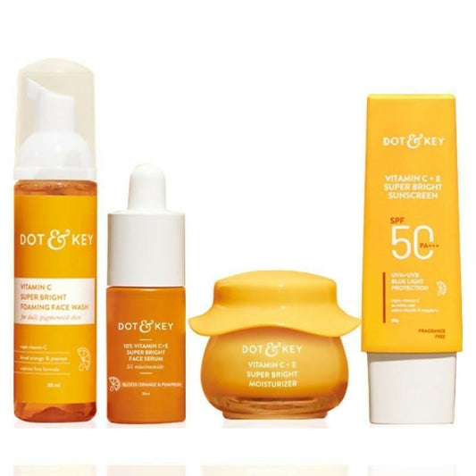 DOT&KEY skincare products including face mask, serum, moisturizer, and sunscreen on a white background
