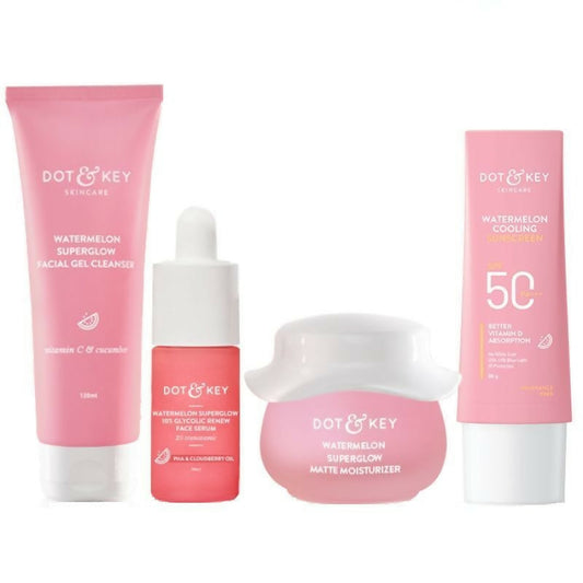 Set of Dot & Key skincare products including cleanser, serum, and moisturizer on a white background