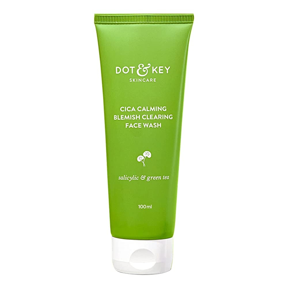 Green tube of Dot & Key skincare face wash on a white background