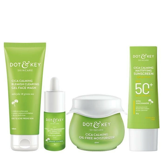 Dot & Key skincare products including gel face wash, serum, moisturizer, and sunscreen on a white background.