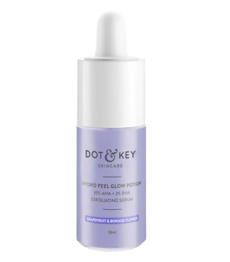 A bottle of Dot & Key Hydro Peel Glow Potion exfoliating serum with a white and purple label, indicating 10% AHA and 2% BHA.