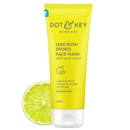 Dot & Key Lime Rush Sports Face Wash with a slice of lime on a white background