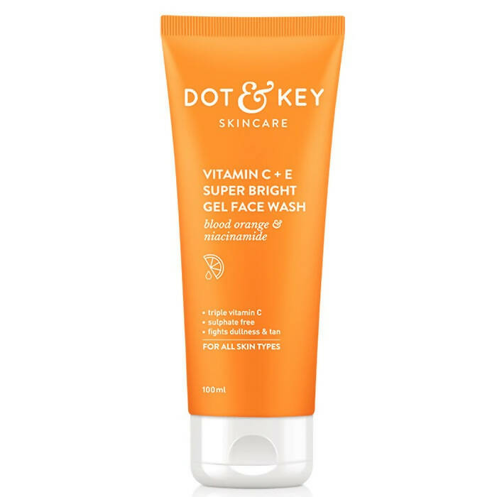 Orange tube of Dot & Key skincare gel face wash on a white background
