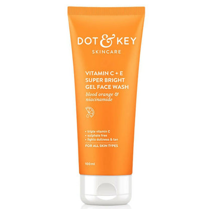 Orange tube of Dot & Key skincare gel face wash on a white background