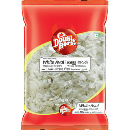 Red package of Double Horse White Aval rice flakes on a white background