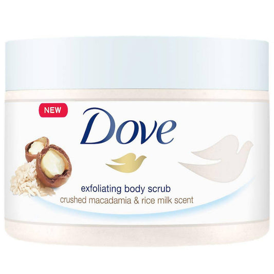 Dove exfoliating body scrub container with macadamia nut and rice milk imagery on a white background