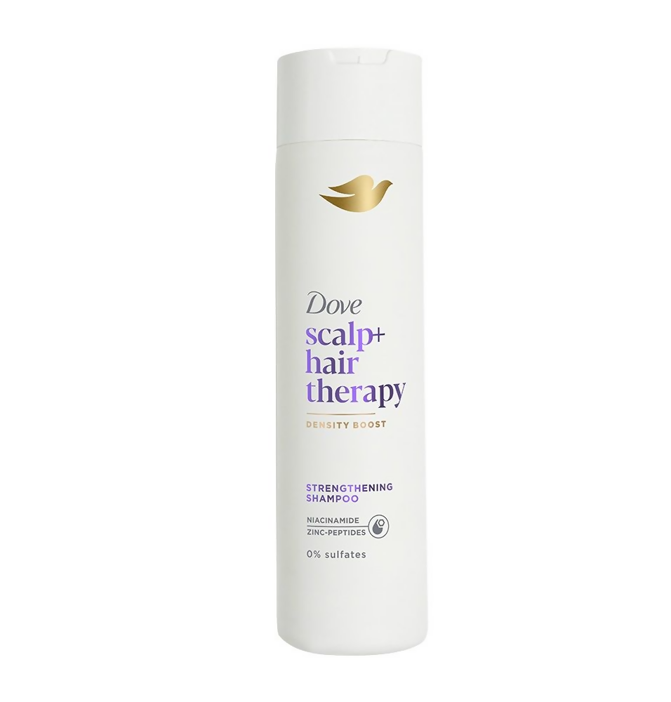 Dove scalp hair therapy shampoo bottle on a white background