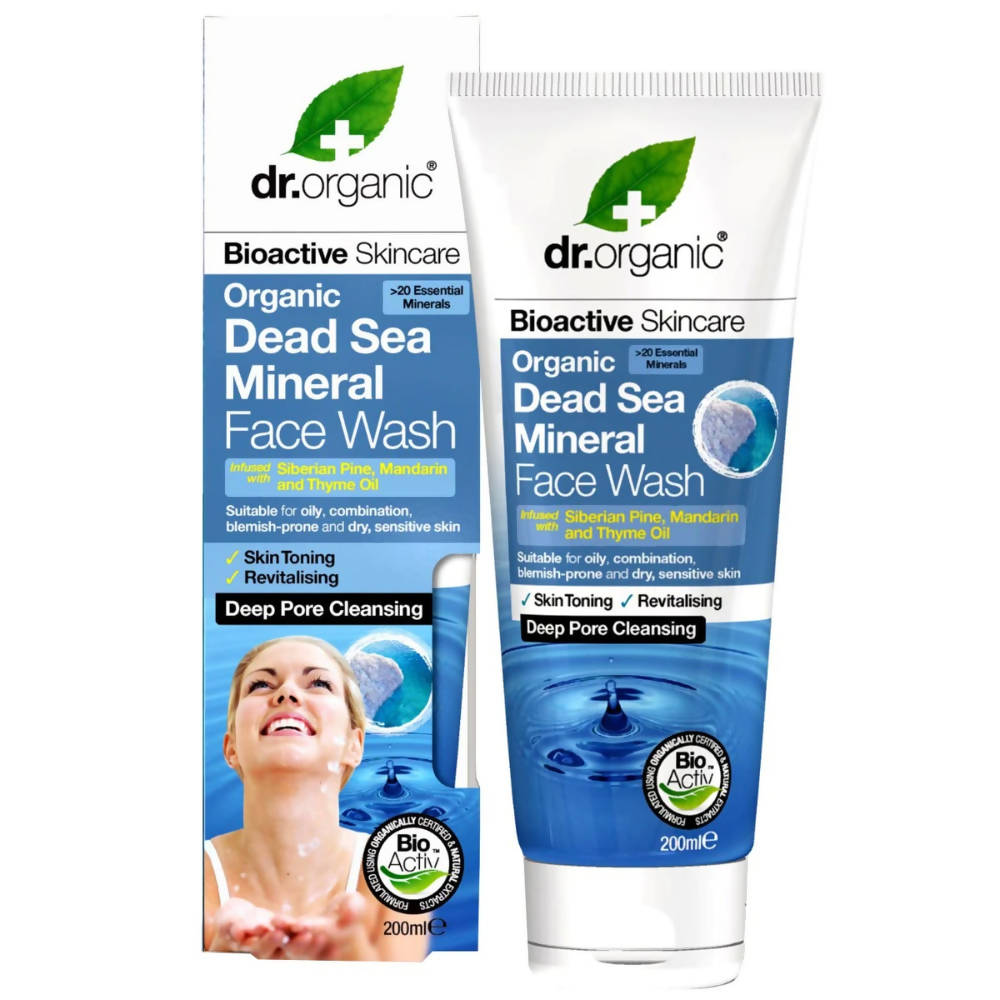 Packaging of Dr.Organic Dead Sea Mineral Face Wash with a white and blue color scheme featuring an image of a smiling woman and product details.