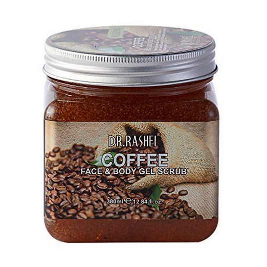 Jar of Dr. Rashel Coffee Face & Body Gel Scrub with coffee beans and a jar on the label.