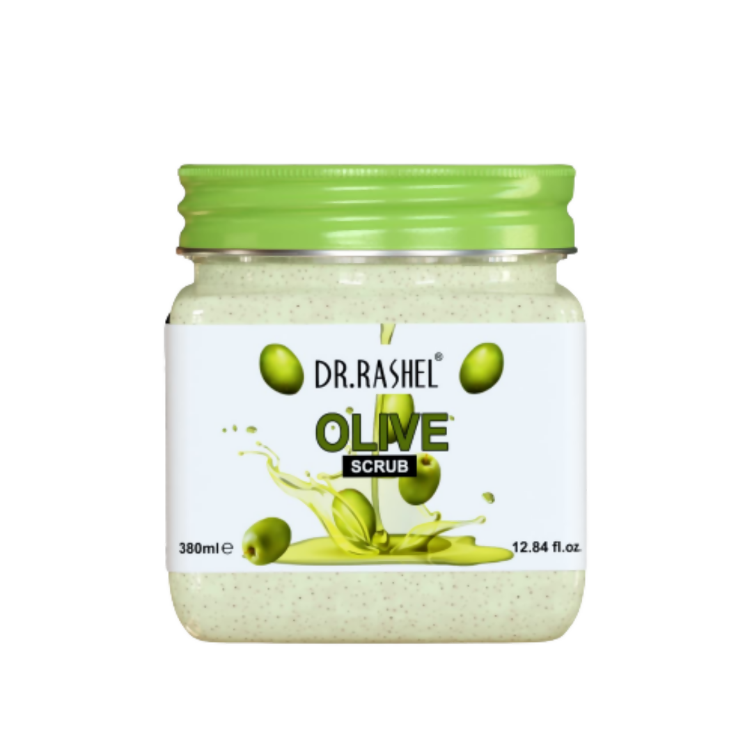Jar of Dr. Rashel Olive Scrub with green lid on a white background