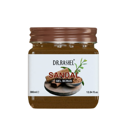 Jar of Dr. Rashel Sandal Gel Scrub on a white background