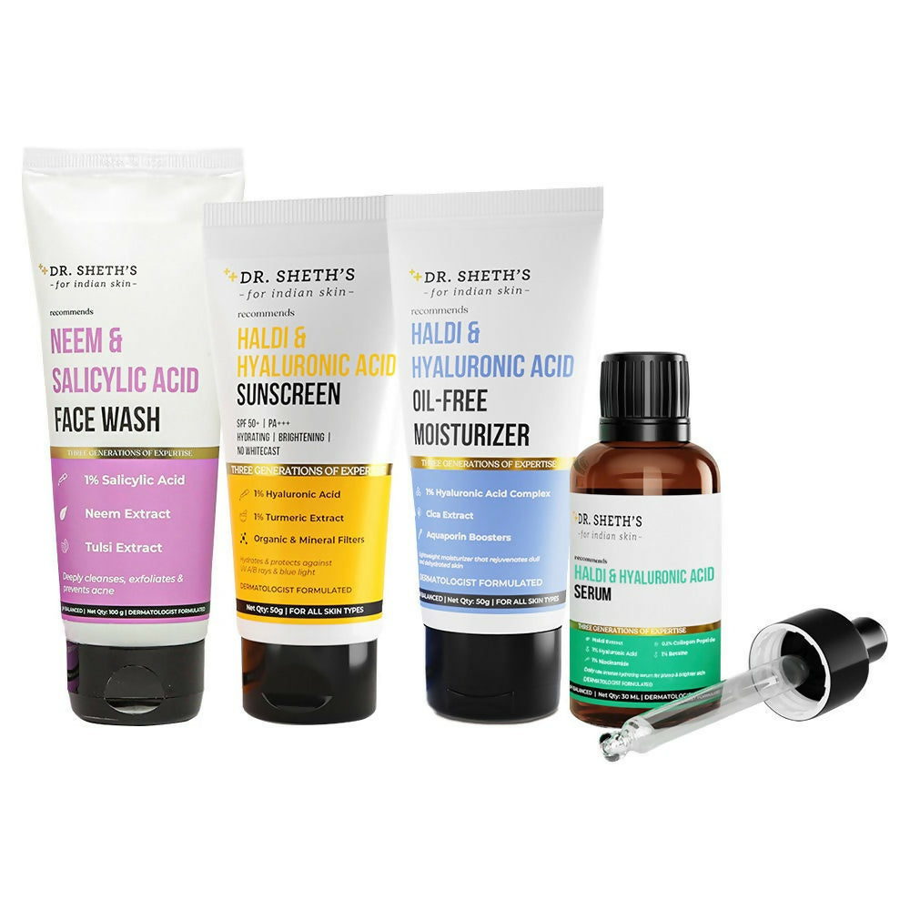 Set of Dr. Sheth's skincare products including face wash, sunscreen, moisturizer, and serum on a white background.