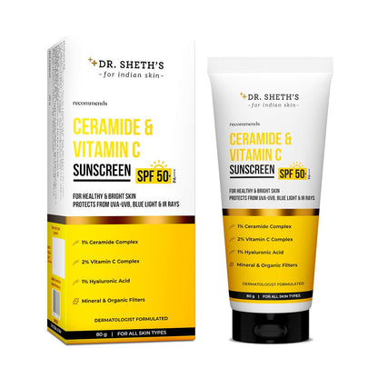 Dr. Sheth's Ceramide & Vitamin C Sunscreen | In-Vivo Tested | Protects, Moisturizes & Brightens Skin | SPF 50+ PA++++ | Lightweight, Leaves No White Cast | 50 g