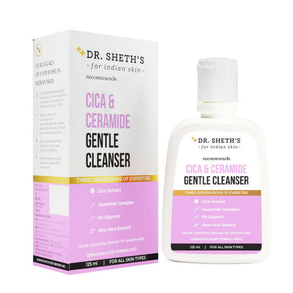 Dr. Sheth's Cica & Ceramide Gentle Cleanser packaging and bottle on a white background