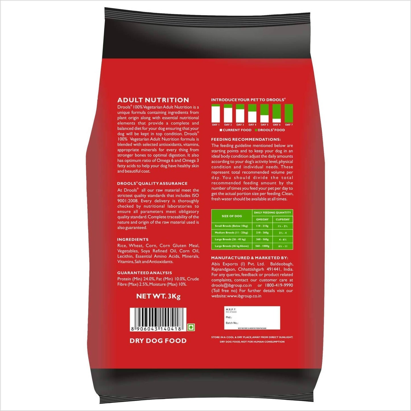 Back view of a red dog food package with text and nutritional information.