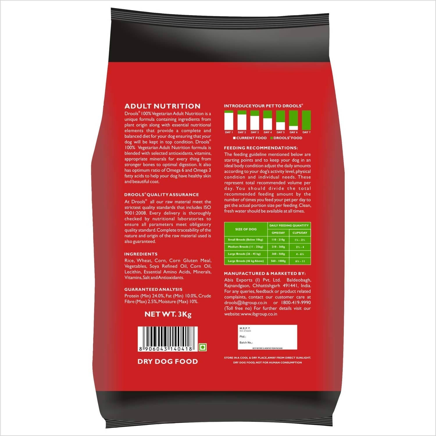Back view of a red dog food package with text and nutritional information.