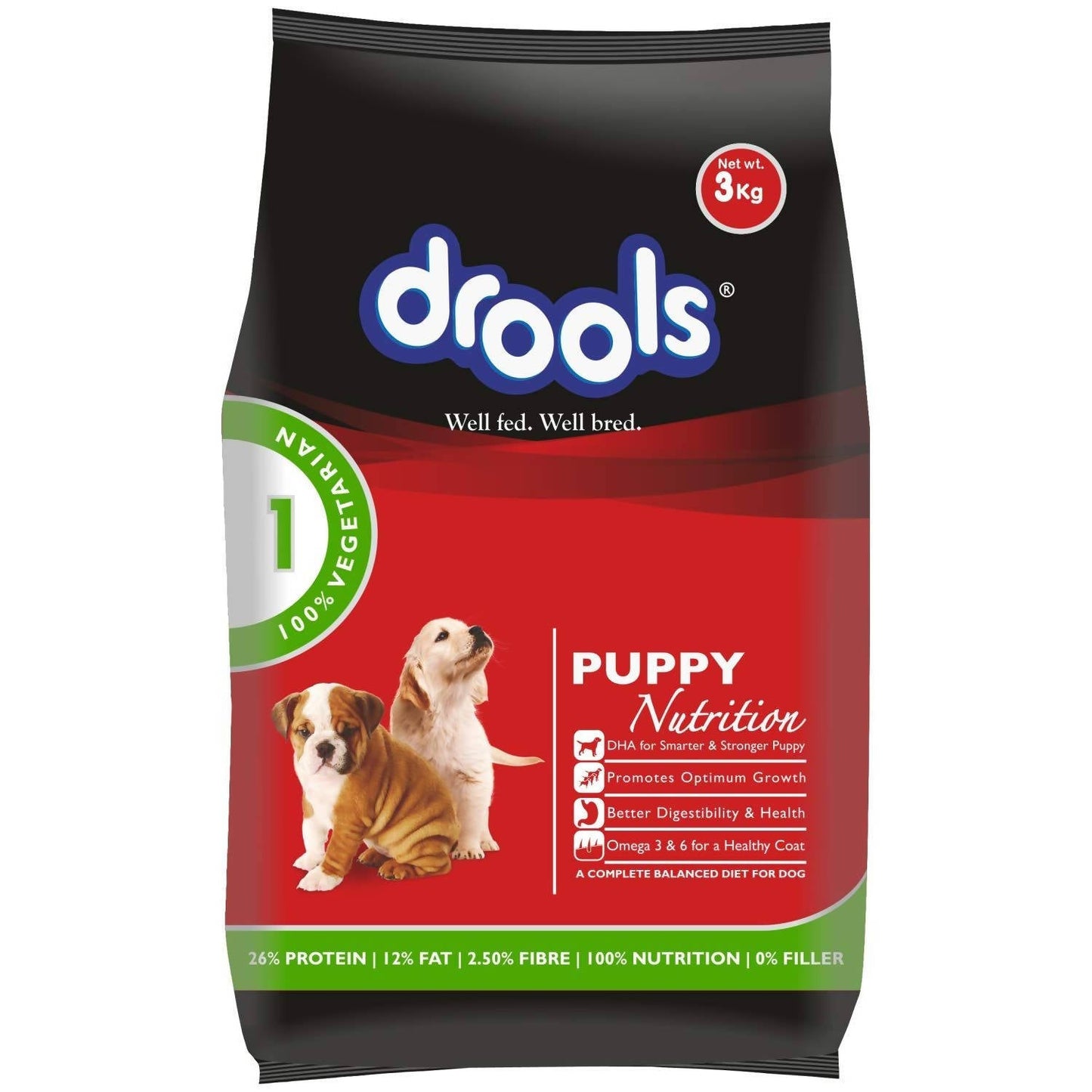 Drools puppy nutrition dog food package on a white background