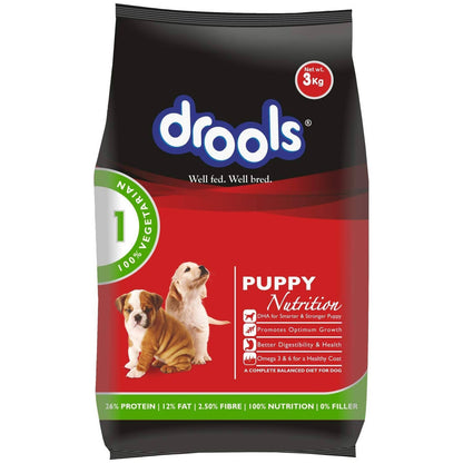 Drools puppy nutrition dog food package on a white background