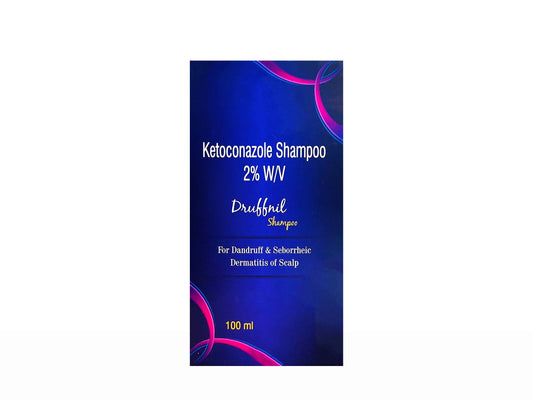Ketoconazole Shampoo 2% W/V packaging with blue and purple design on a white background