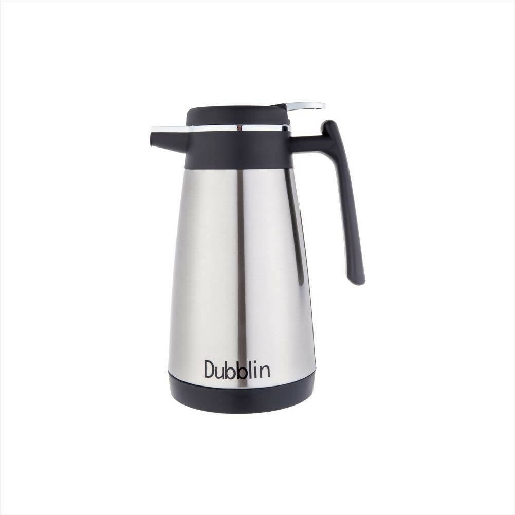 Stainless steel thermal carafe with black handle and lid on a white background, branded 'Dubblin'.