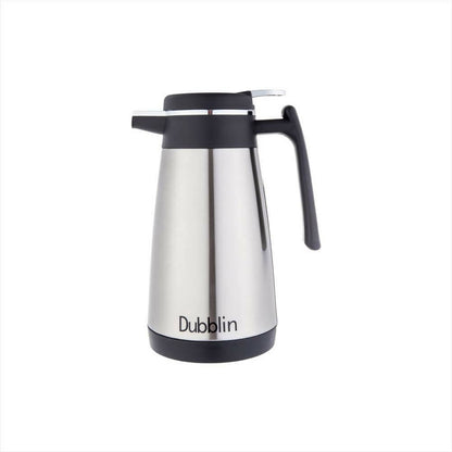Stainless steel thermal carafe with black handle and lid on a white background, branded 'Dubblin'.