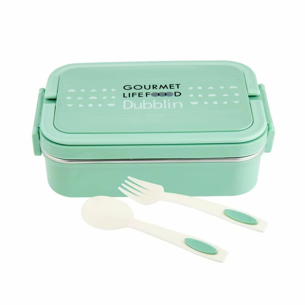 Mint green lunch box with 'Gourmet Life Food Dublins' text, accompanied by a fork and spoon on a white background.