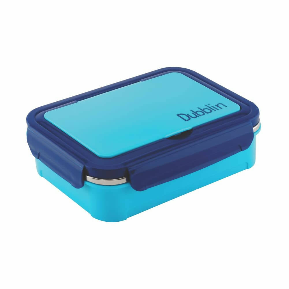 Blue and navy lunch box with 'Dublin' branding on a white background