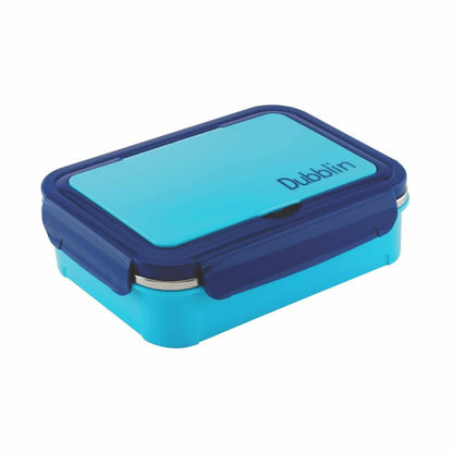 Blue and navy lunch box with 'Dublin' branding on a white background