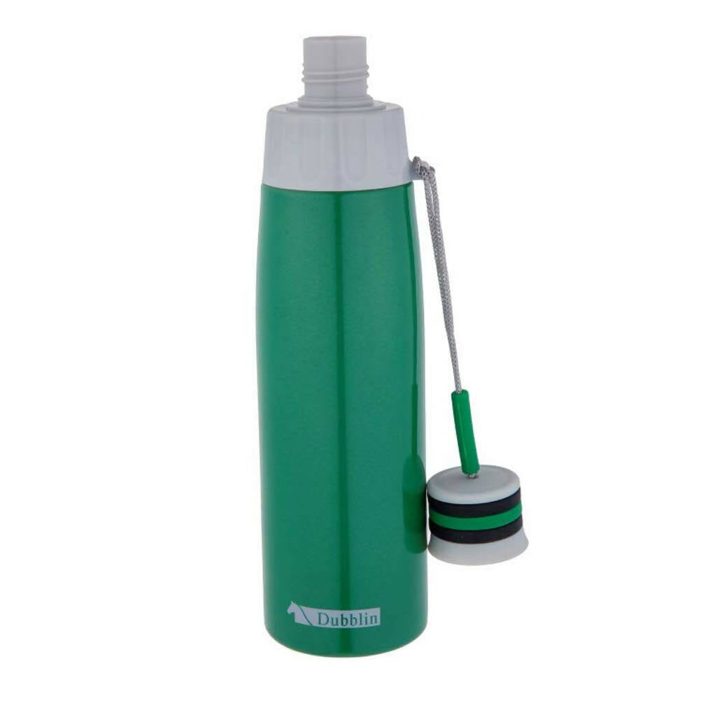 Green water bottle with white cap and cleaning brush on a white background