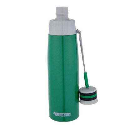 Green water bottle with white cap and cleaning brush on a white background