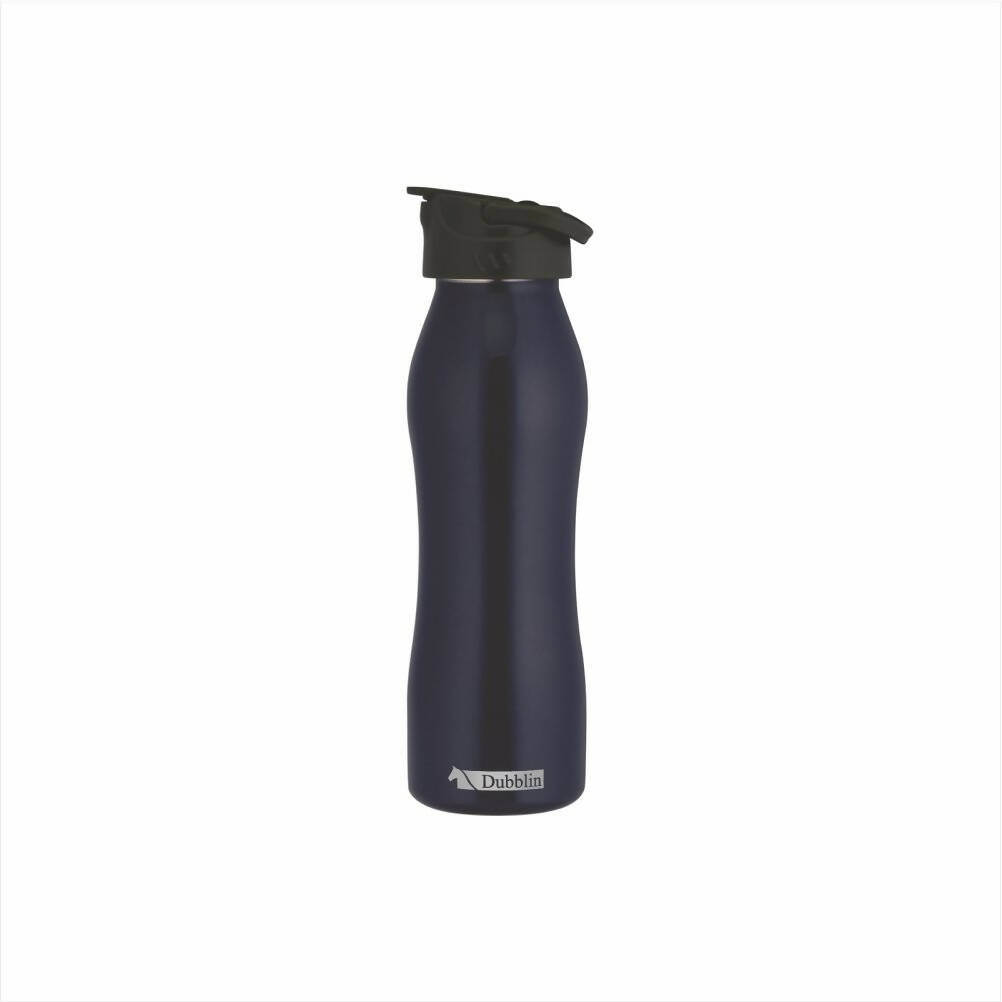 Navy blue water bottle with black cap on a white background