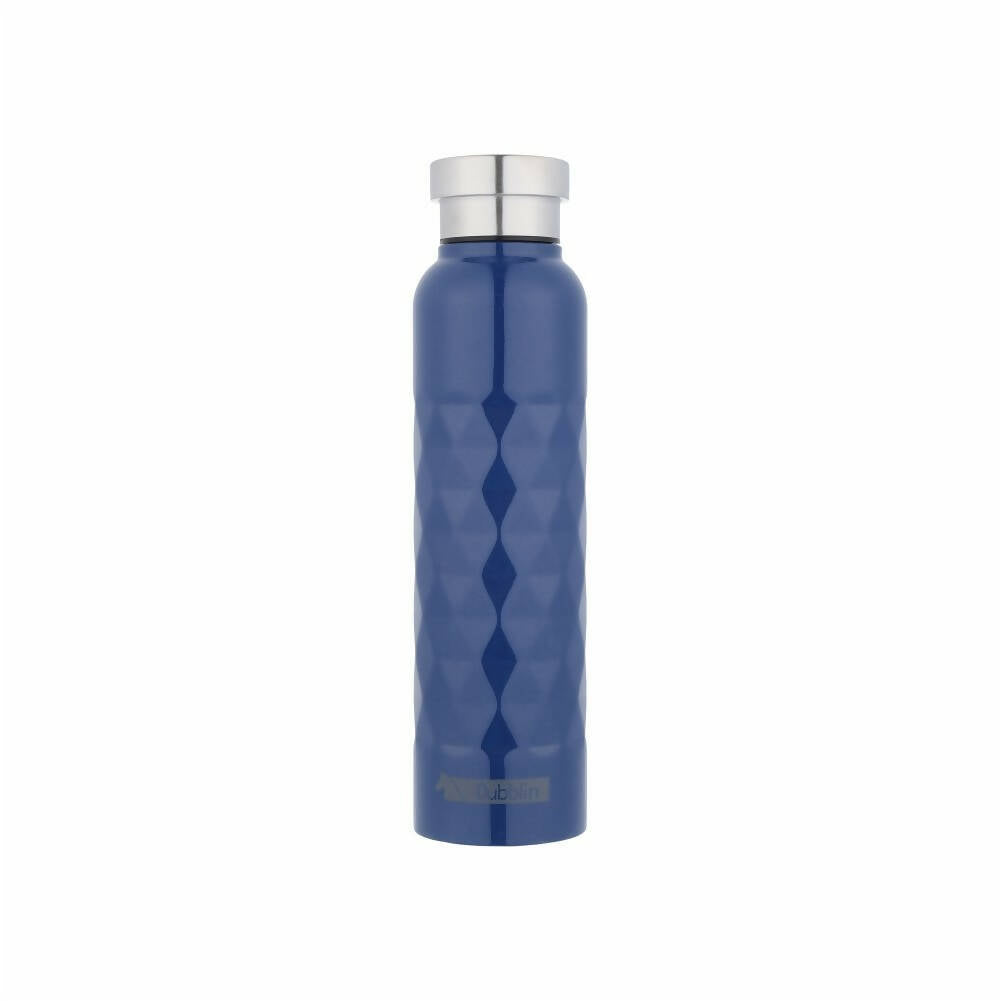 Blue water bottle with a silver cap on a white background