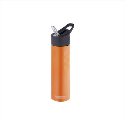 Orange water bottle with black cap on a white background