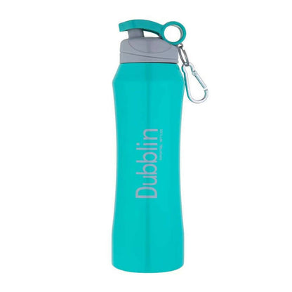 Teal water bottle with carabiner on a white background