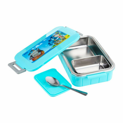 Blue lunch box with cartoon design, divided compartments, and a spoon on a white background