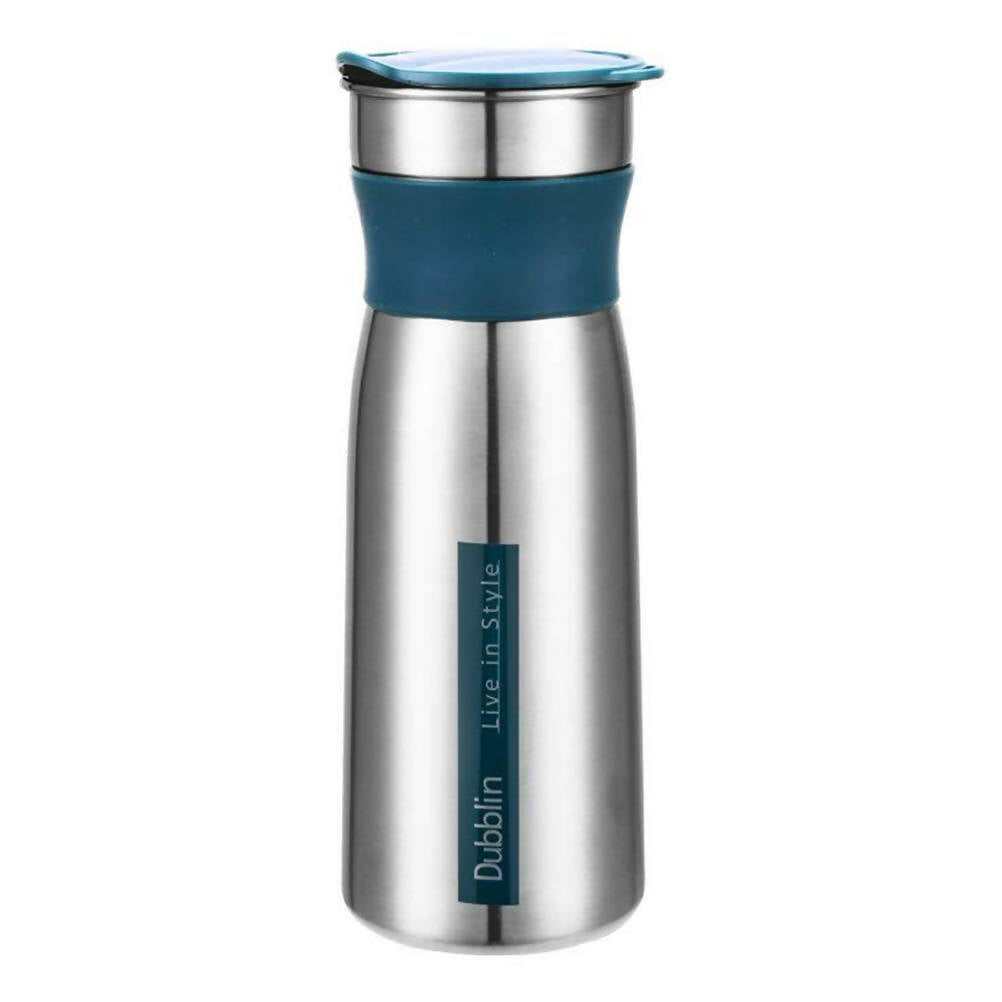 Stainless steel travel mug with blue accents on a white background