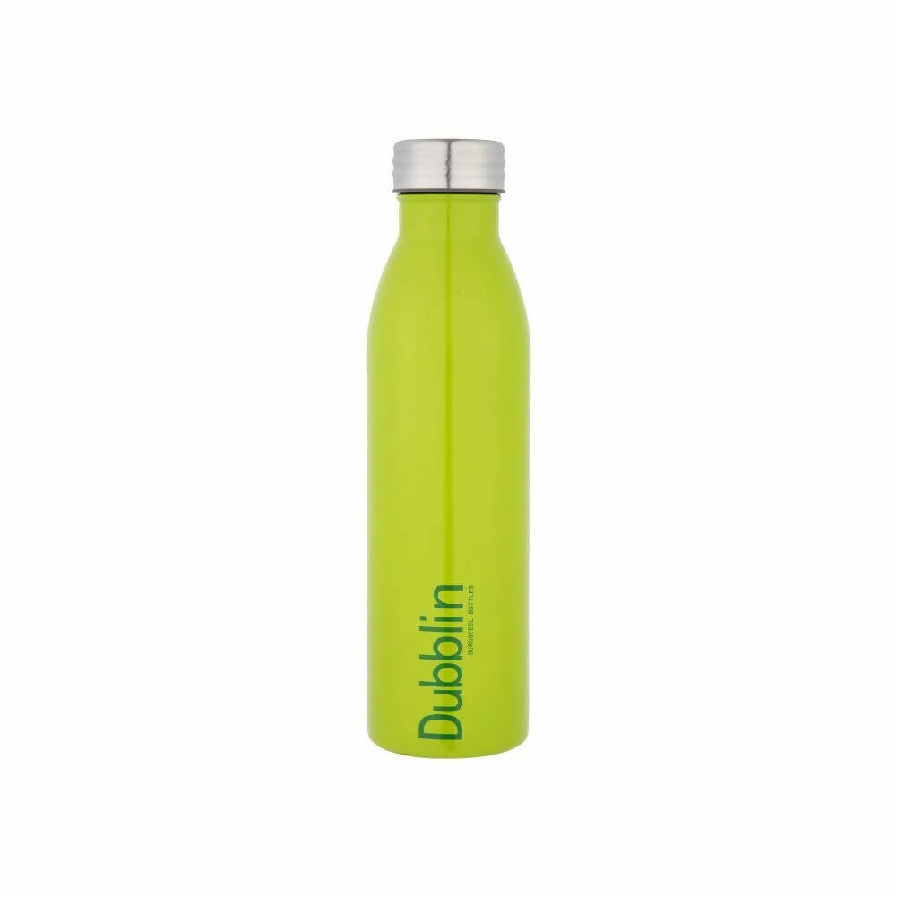 Green water bottle with 'Dublin' branding on a white background