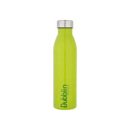 Green water bottle with 'Dublin' branding on a white background