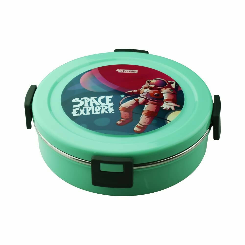 Green round lunch box with space-themed design on a white background