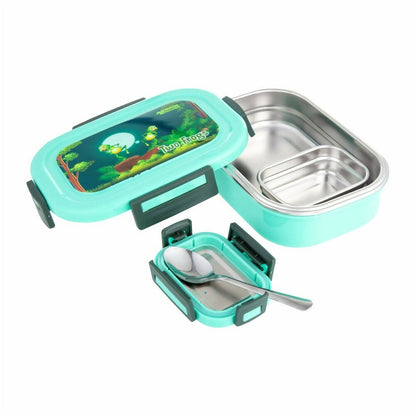 Teal stainless steel lunch box with compartments and a spoon on a white background