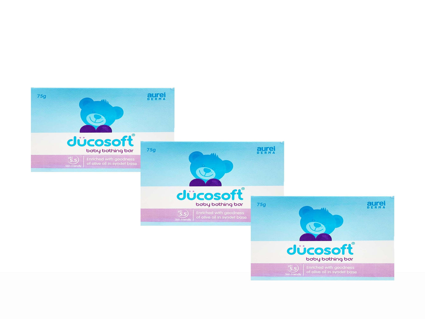 Three boxes of ducosoft baby bathing bars on a white background