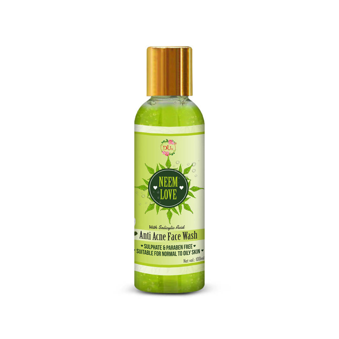 A bottle of Duh Neem Love Anti Acne Face Wash with a green label and a brown cap, infused with organic neem leaves, green tea, and salicylic acid.