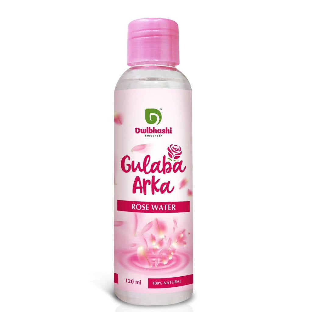 Bottle of Gulaba Arka rose water with pink cap on a white background