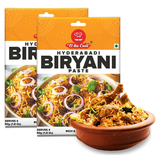 Two packages of Hyderabadi Biryani Paste with a bowl of biryani in the background.