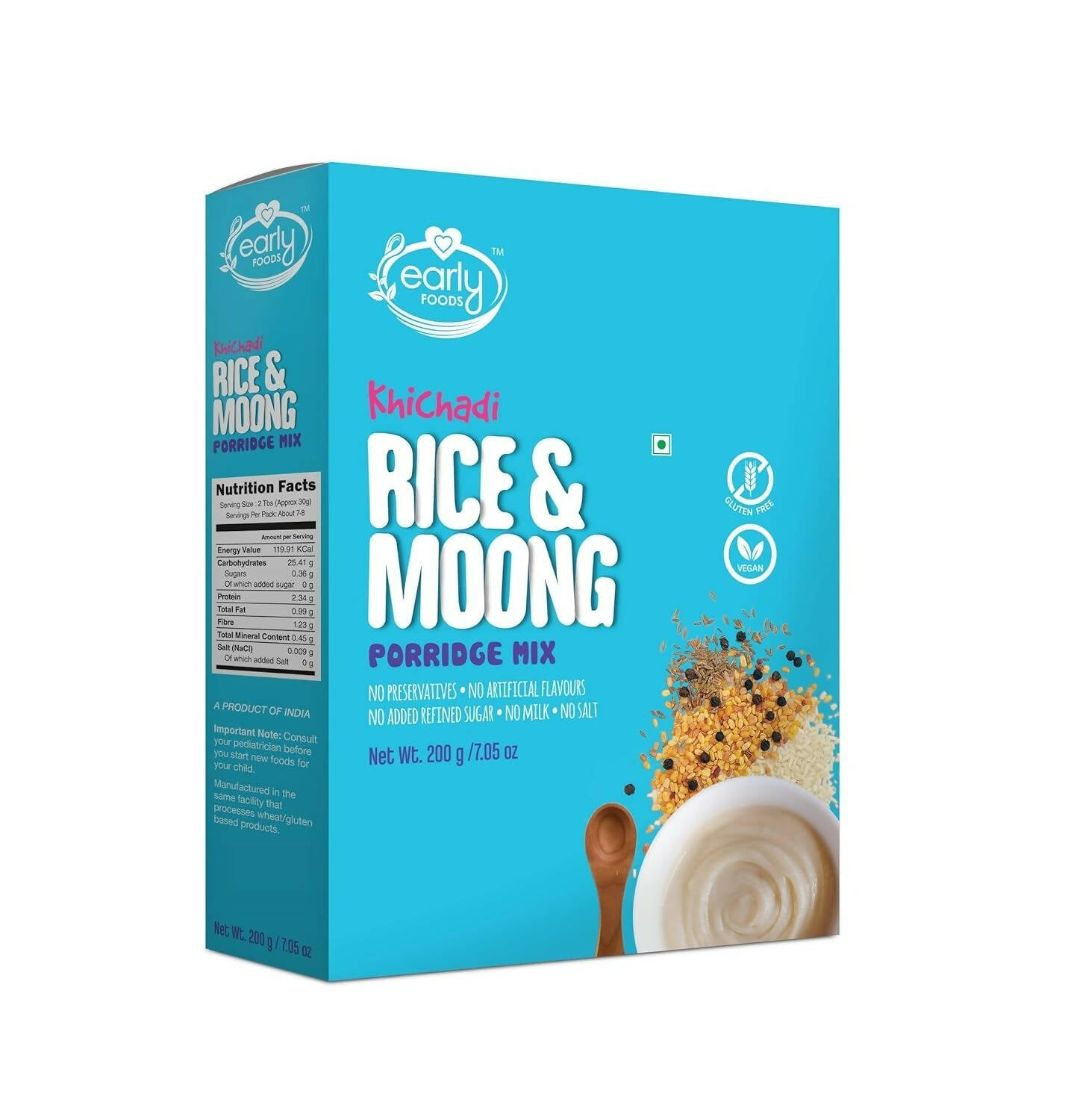 Box of Rice & Moong Porridge Mix with blue packaging and white text