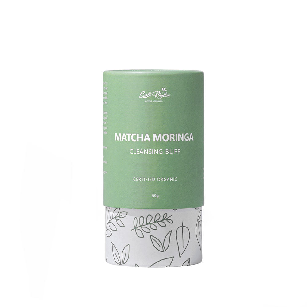 Matcha Moringa cleansing buff packaging on a white background